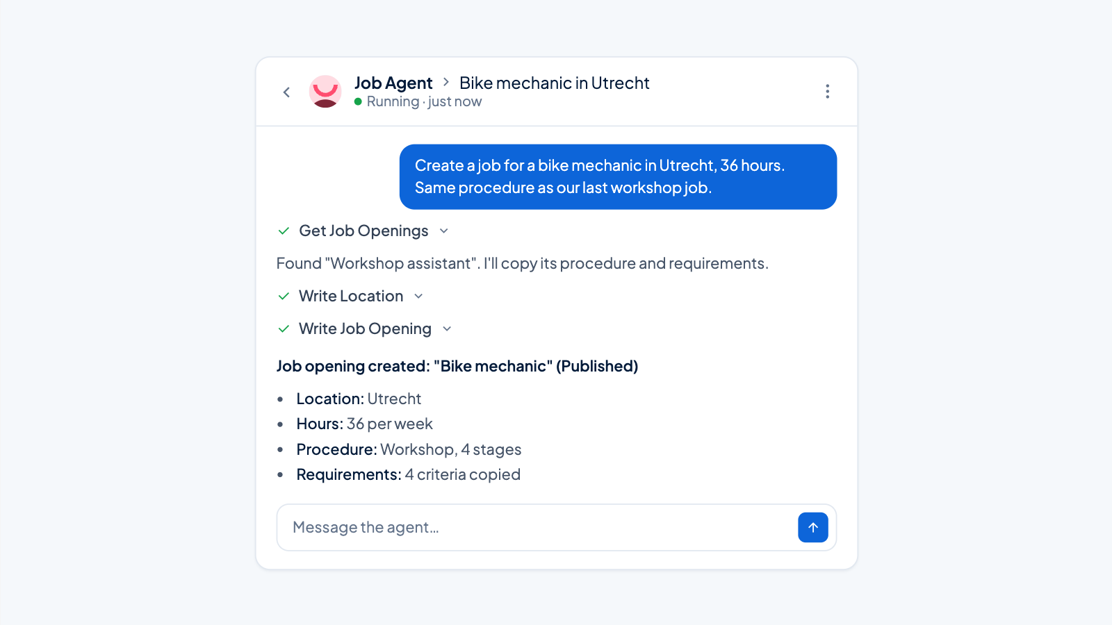 Job agent chat creating a job opening for a bike mechanic