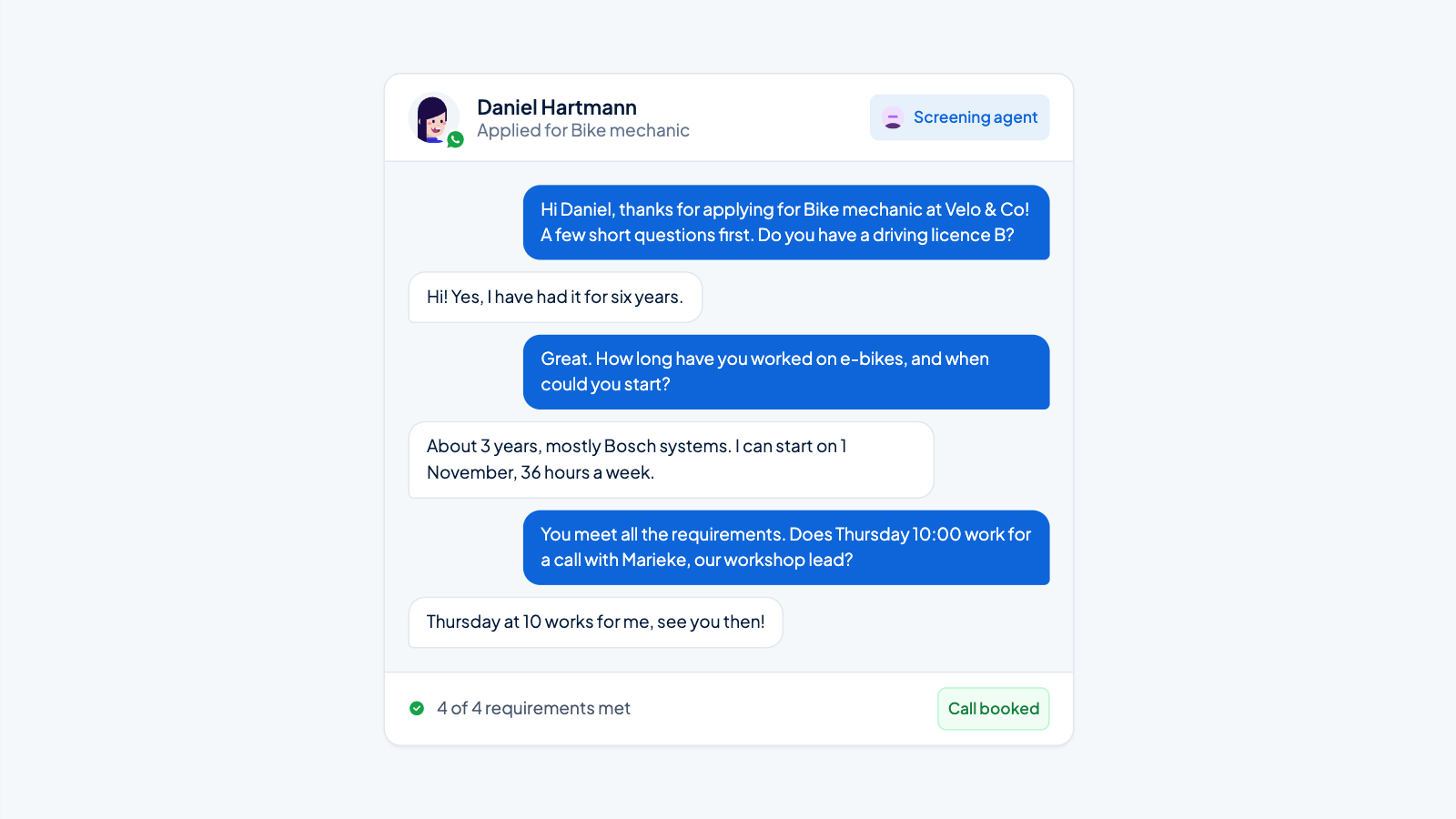 WhatsApp screening chat that ends with a booked call