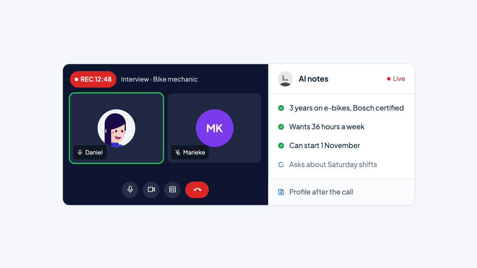 Recorded video interview with live AI notes
