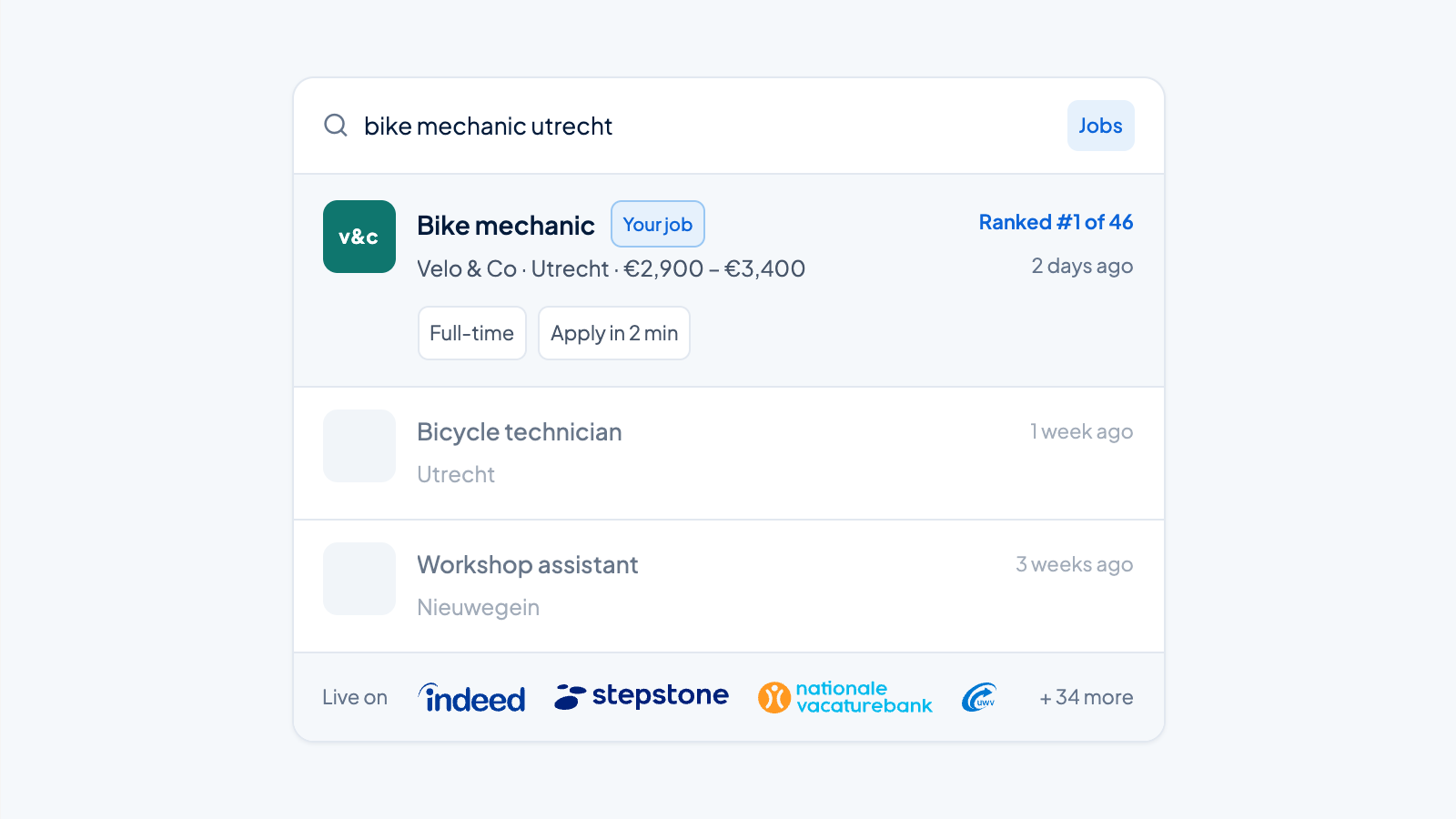 Job search results with the job ranked first