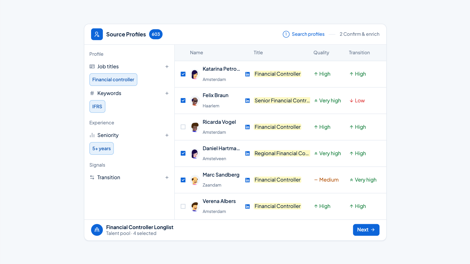Profile search with filters and a talent pool longlist