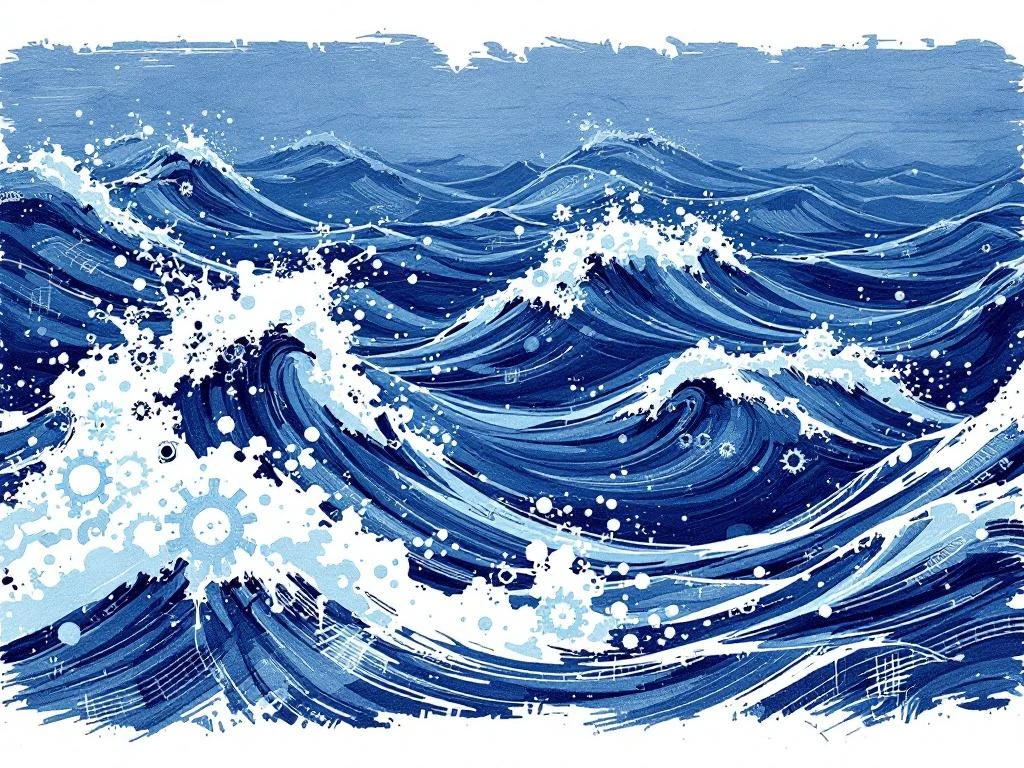 Abstract oceaangolven in blauw en wit met verborgen tandwielen en circuits die AI-geautomatiseerde werving symboliseren