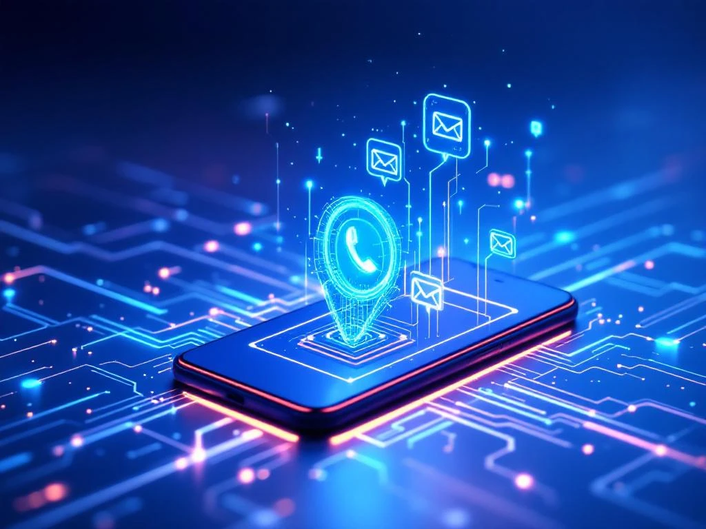 Smartphone met WhatsApp en e-mail iconen verbonden door gloeiende AI-netwerkpatronen op blauwe achtergrond