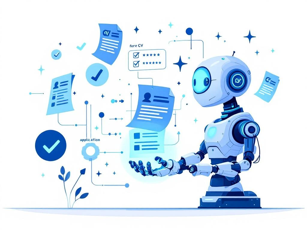 Robotarm met blauwe circuits sorteert cv's en sollicitatieformulieren met geautomatiseerde workflow-elementen