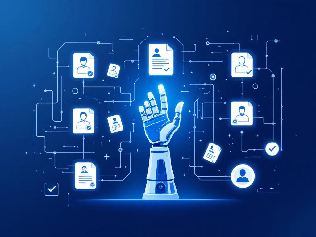 AI-gestuurde wervingsworkflow met robothand die cv's en kandidaatprofielen organiseert in blauw-wit design