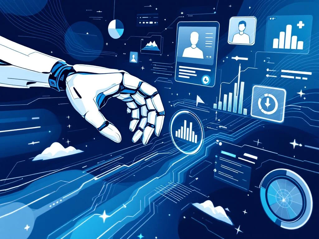 AI-robothand en menselijke hand werken samen aan digitaal wervingsdashboard met datastroom en kandidaatprofielen