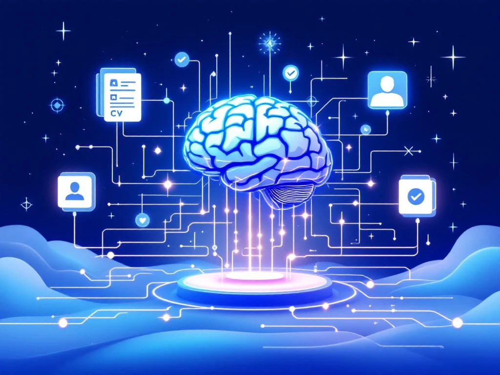 AI-neurale netwerk verbonden met wervingselementen zoals cv's en profielen in blauw-wit kleurenschema