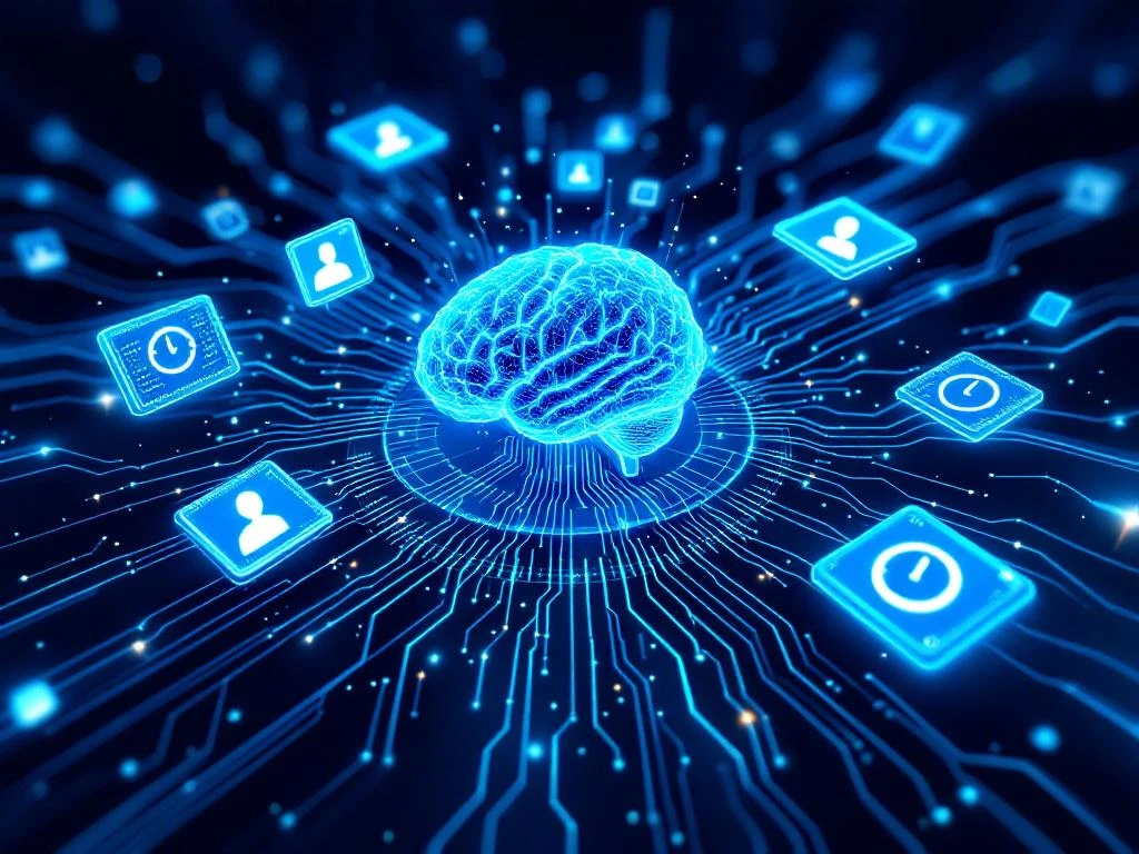 AI-hersennetwerk met stralende circuits verbindt holografische kandidaatprofielen en kloksymbolen in snelle beweging.