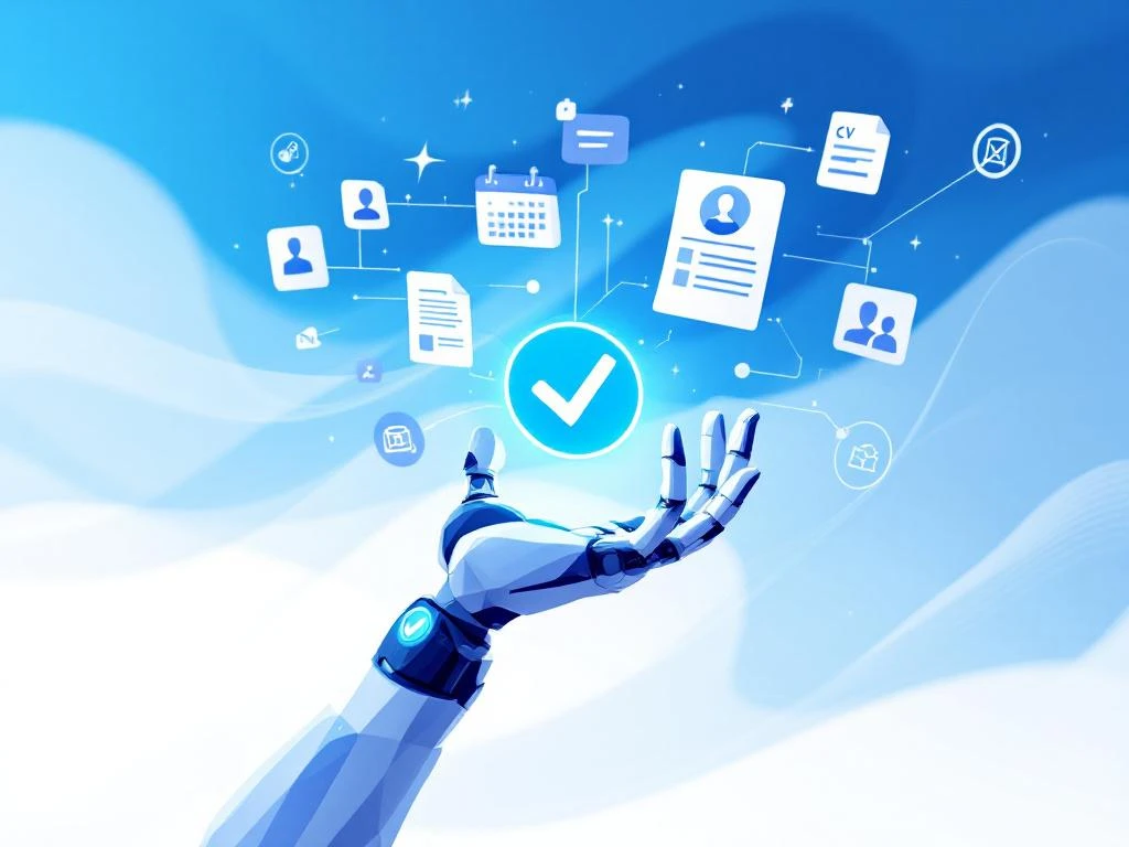 Robotarm met blauw vinkje sorteert CV's en kandidaatprofielen met geautomatiseerde recruitmentworkflow iconen