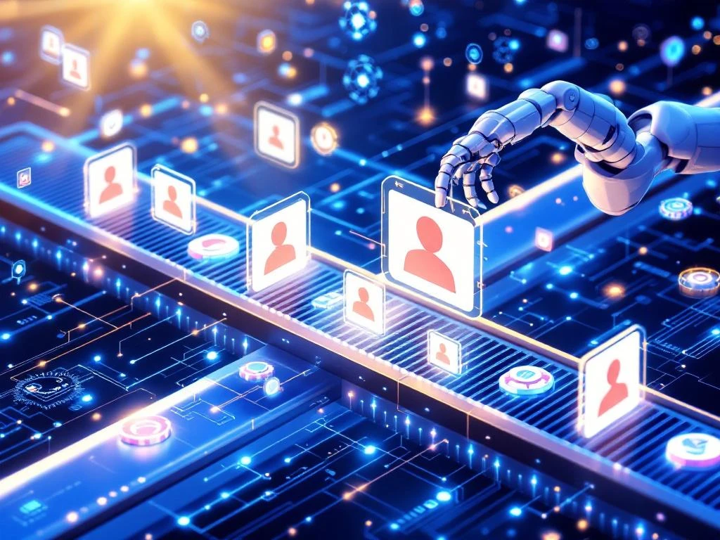 Geautomatiseerde wervingspijplijn met AI-knooppunten, kandidaatprofielen op transportband en datastromen in blauw-wit