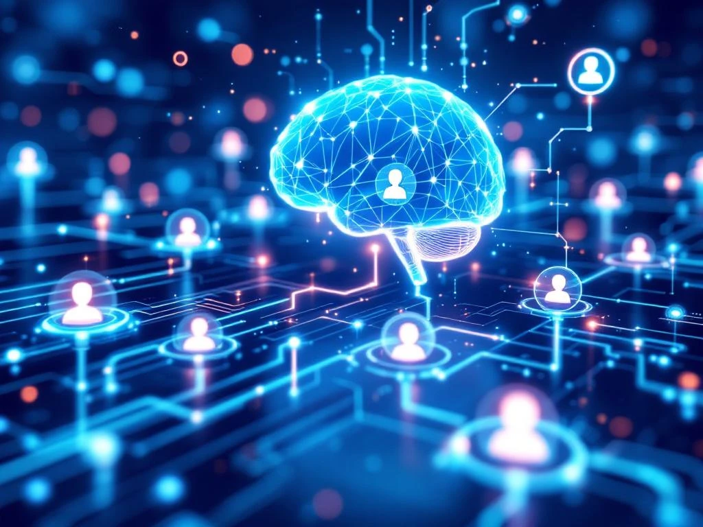 AI-hersencircuit versmelt met recruitmentwerkstroom diagram in blauw-witte gradiënten met geautomatiseerde kandidaatprofielen