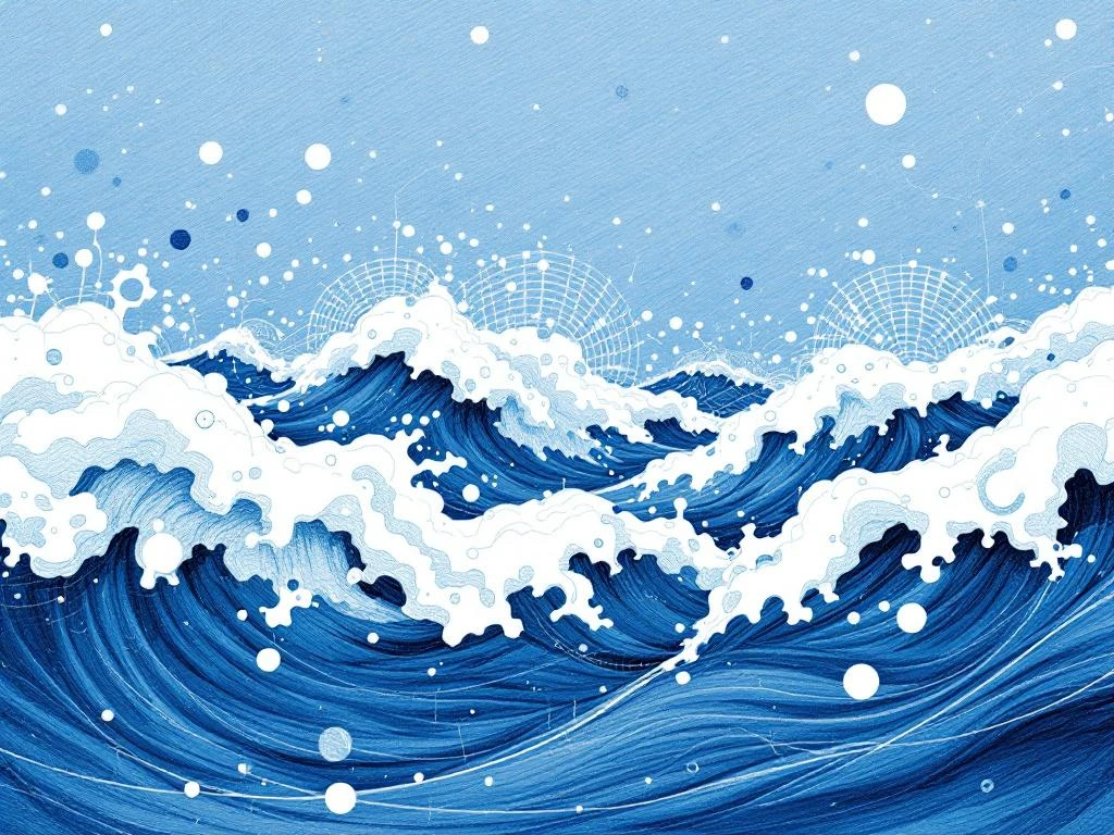 Abstracte oceaangolven in handgetekende schets met geometrische vormen die AI-automatisering en datastromen voorstellen