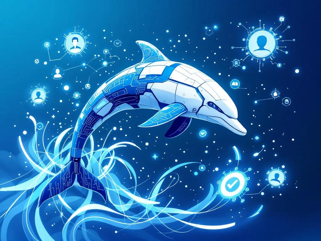 Robotachtige dolfijn springt door digitale datastroom met AI-knooppunten en profieliconen in blauw-wit