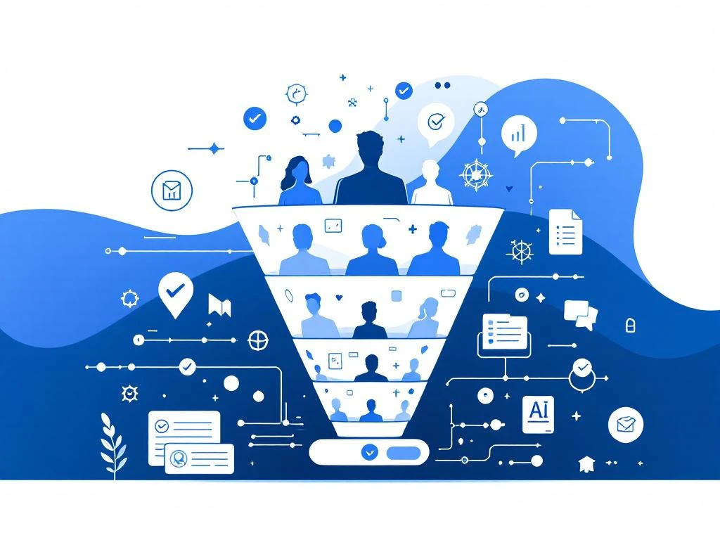 Digitale trechter met kandidaatprofielen die door geautomatiseerde AI-wervingsscreening stromen met data-iconen
