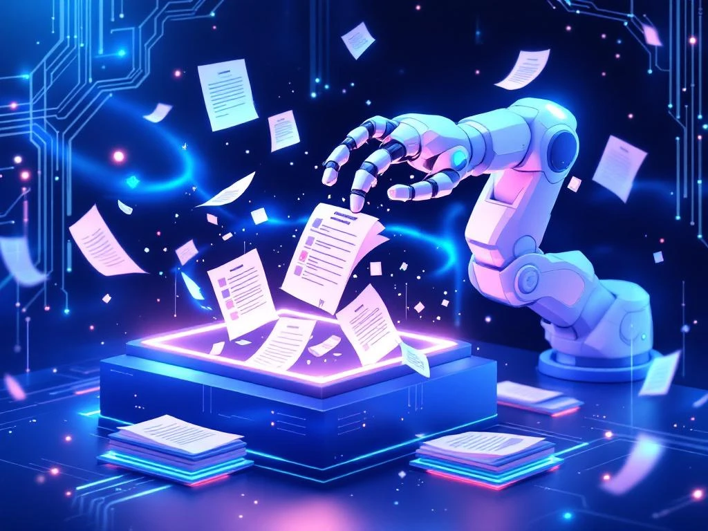 AI-robotarm organiseert digitale documenten in holografische interface met blauwe en witte kleuren