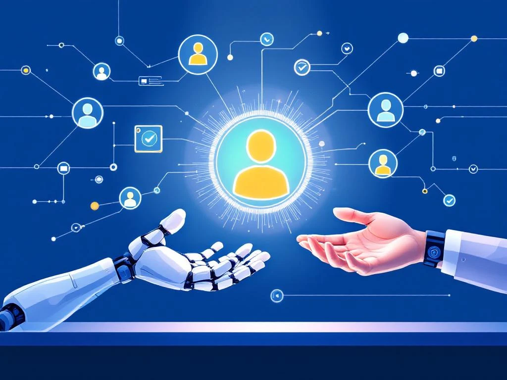 Robot- en menselijke hand reiken naar digitaal CV-icoon omringd door kandidaatprofielen en vinkjes in blauw-wit