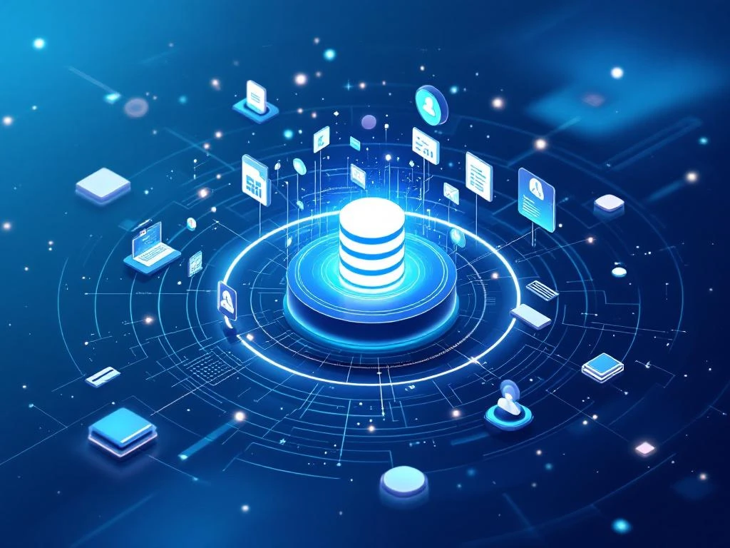 Holografische database-cilinder omringd door documenten en datastromen in blauw-wit digitaal netwerk voor recruitment