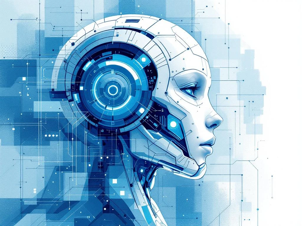 Abstracte robot-dolfijn in blauw en wit met geometrische vormen, circuits en holografische datastromen voor HR-automatisering