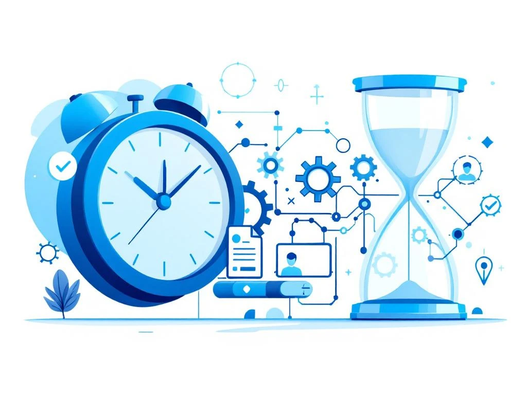 Geautomatiseerde wervingspijplijn met digitale klok, CV's en kandidaatprofielen in blauw-wit design