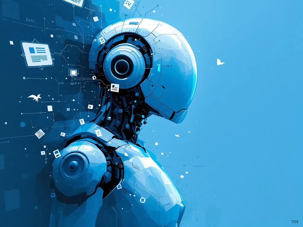 Robot-dolfijn in potloodstijl springt door digitale oceaan met CV's en recruitment-symbolen, blauw en wit