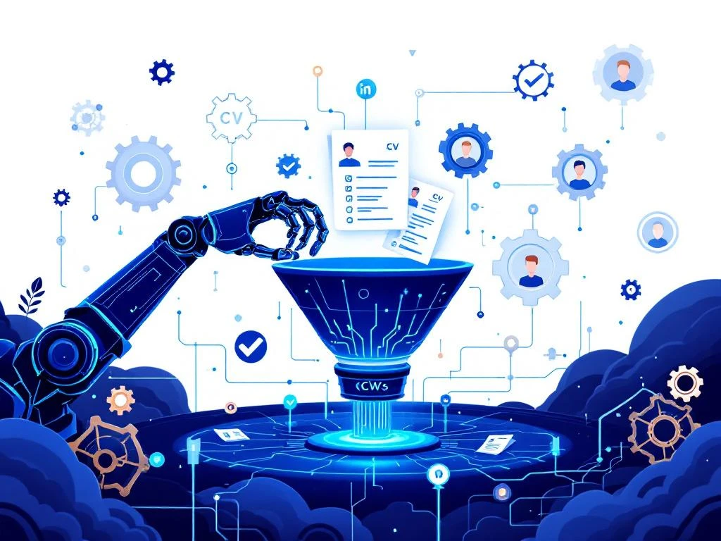 Robotarm met blauwe circuits organiseert cv's en kandidaatprofielen in geautomatiseerd wervingssysteem