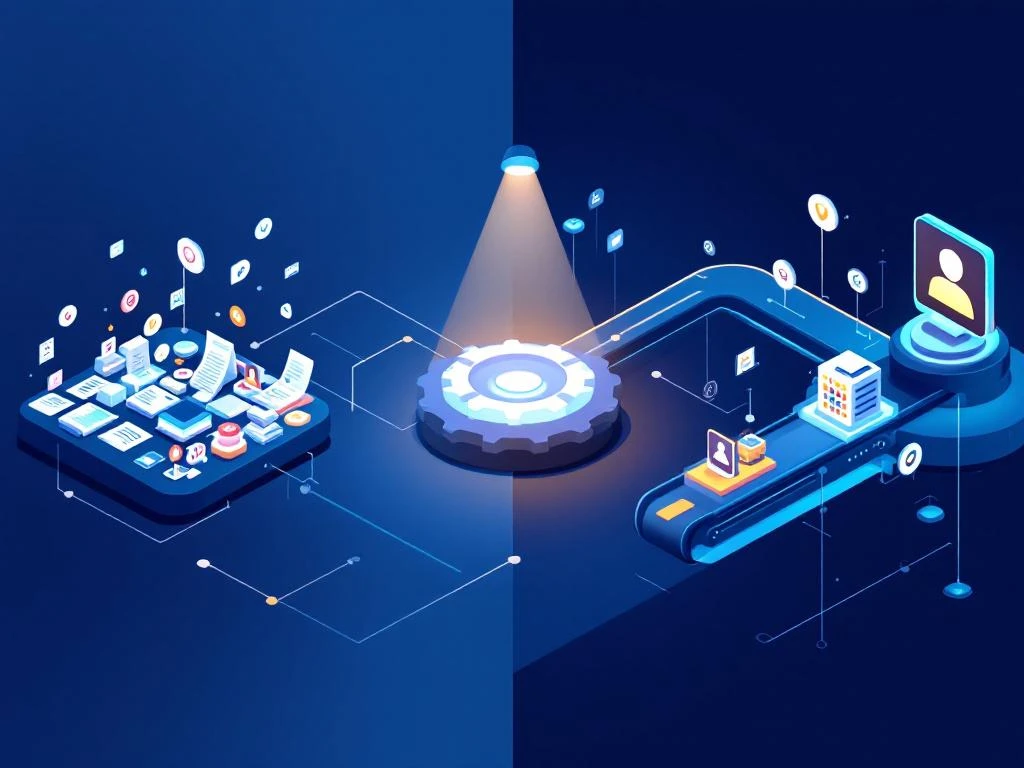 Geautomatiseerd wervingsproces met tandwielen en transportbanden die kandidaatprofielen sorteren van chaos naar georganiseerde paden