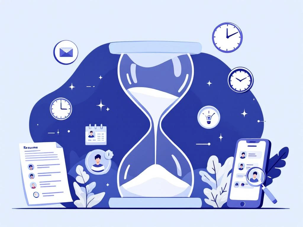 Zandloper omringd door rekruteringspictogrammen: cv, agenda, vergrootglas en telefoon in blauw-wit design