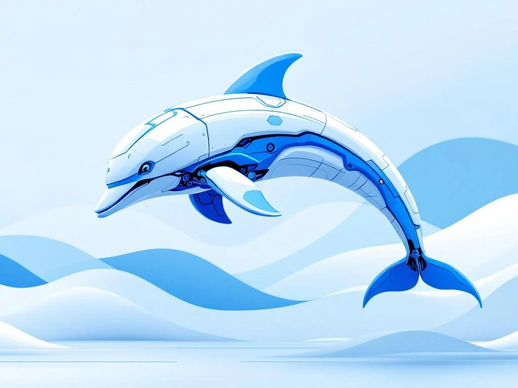 Abstracte robot-dolfijn in blauw en wit springt door digitale ruimte met geometrische vormen en circuitpatronen.