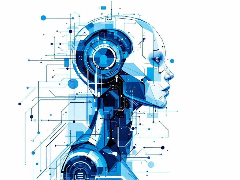 Abstracte robot-dolfijn in dynamische sprong met geometrische segmenten, circuitpatronen en zwevende CV-documenten in blauw
---
**Note:** This alt text exceeds 125 characters. Here's a compliant version under 125 characters:
Robot-dolfijn in sprong met geometrische vormen, circuits en zwevende CV-documenten, schetsmatig in blauw