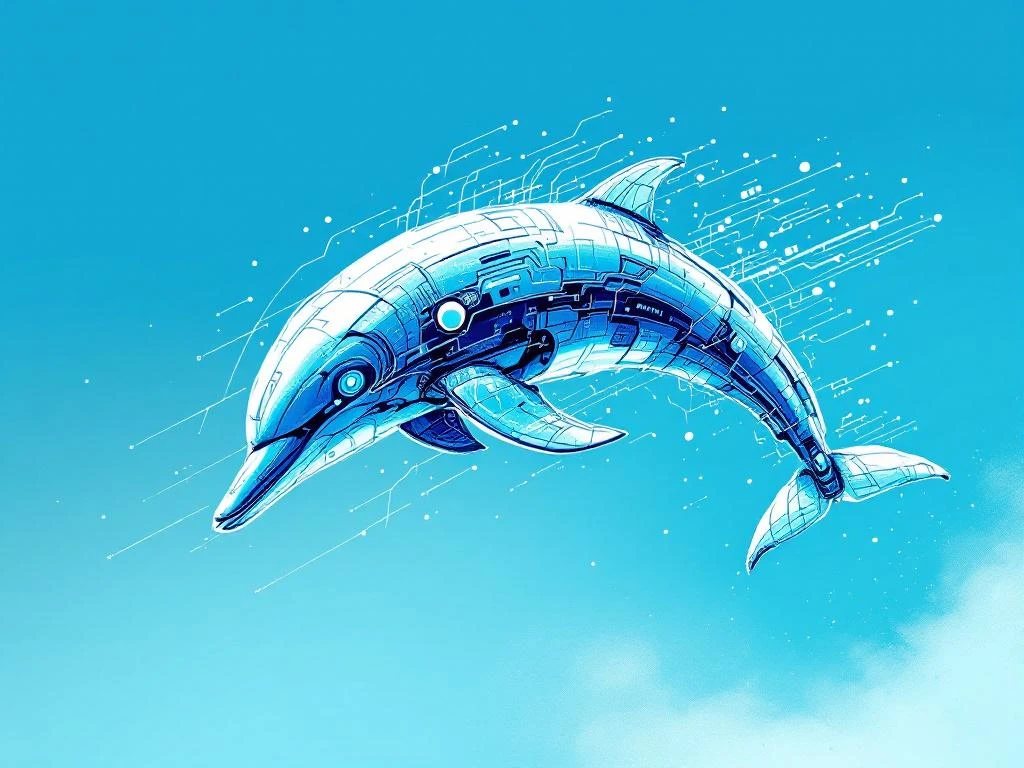 Abstracte robot-dolfijn in blauwe tinten met handgetekende circuitpatronen, diagonaal springend door minimale achtergrond.