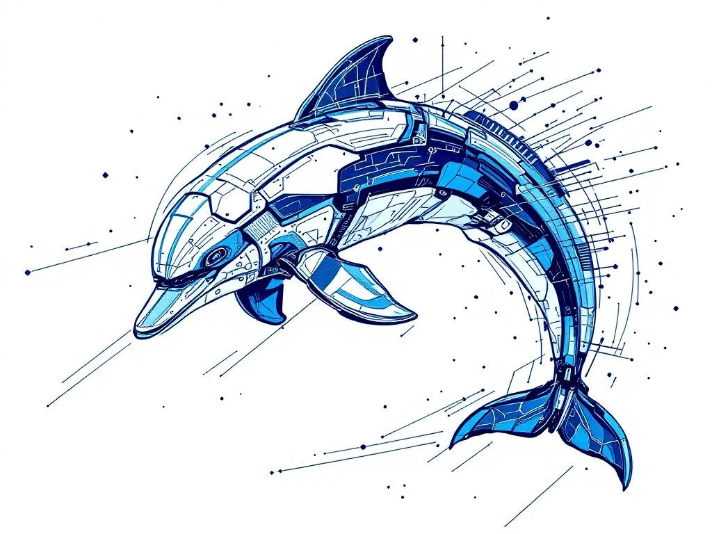 Abstracte robotdolfijn in handgetekende stijl met geometrische panelen en datastromen voor AI-recruitment monitoring