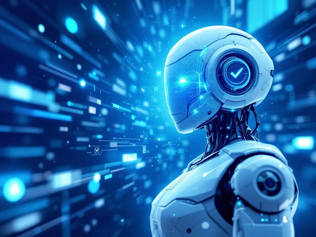 Robot-dolfijn zwemt door digitaal datalandschap met holografische interface-elementen en recruitment-iconen in blauw