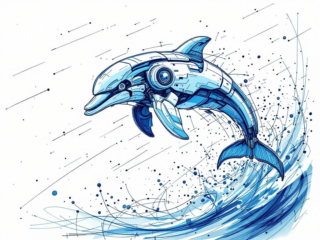 Abstracte robotdolfijn springt door digitale golven, getekend met potloodstrepen in blauw en wit