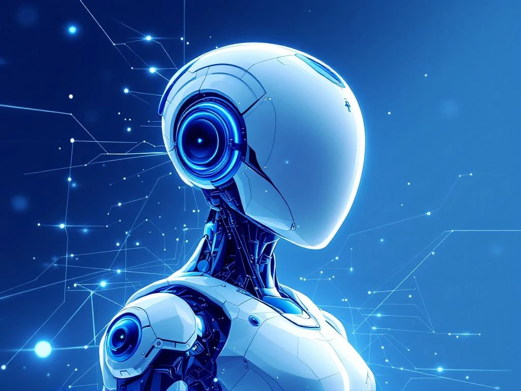 Elegante robot-dolfijn met blauwe accenten zwemt door digitale omgeving met holografische vacature-iconen