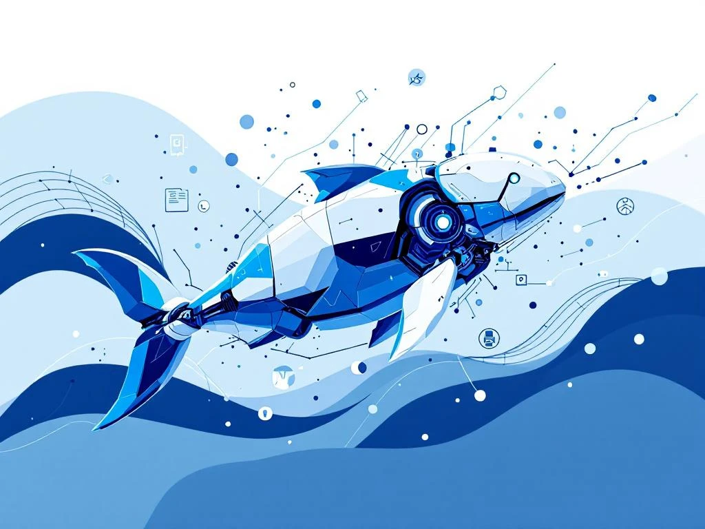 Robot-dolfijn in sprong met digitale HR-interface elementen, blauwe technologische illustratie voor recruitment