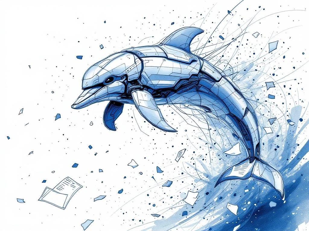 Abstracte robot-dolfijn in potloodschets met geometrische panelen, zwemmend tussen zwevende documenten en technische notaties