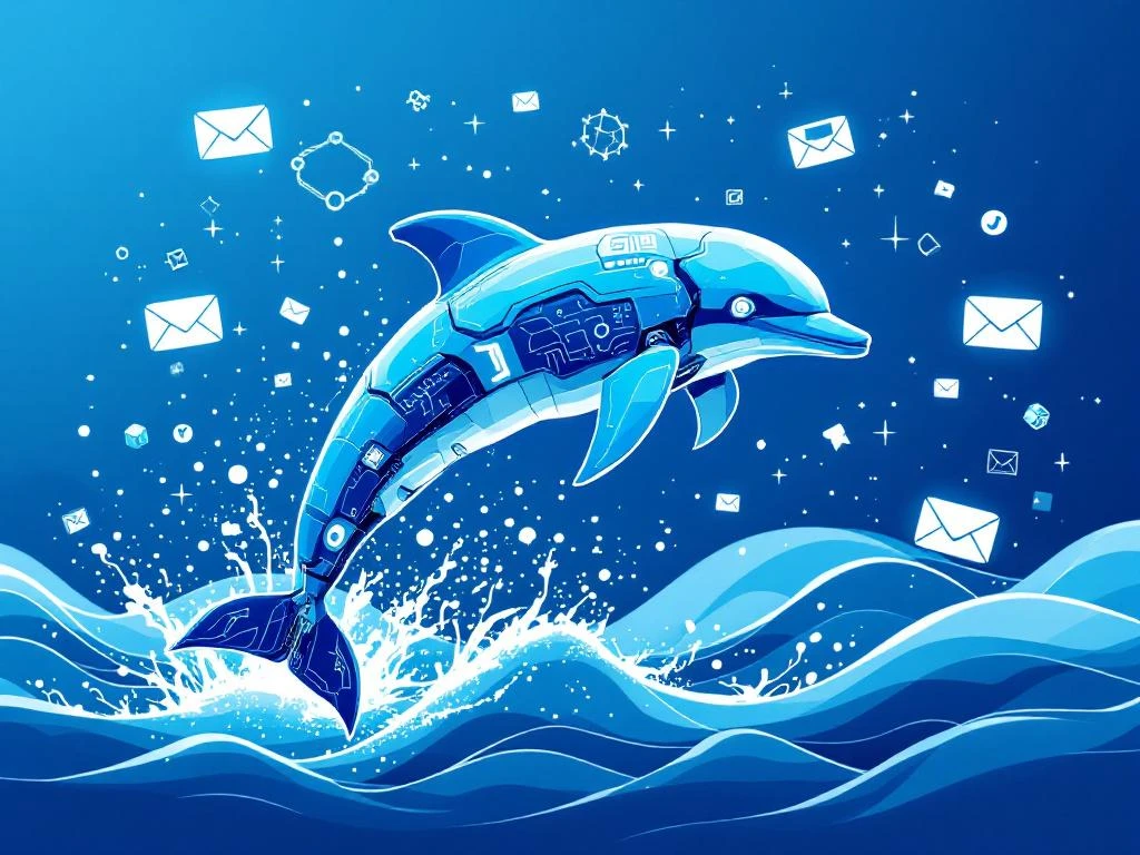 Robotdolfijn met circuits springt door digitale oceaan met data, enveloppen en automatiseringssymbolen in blauw en wit