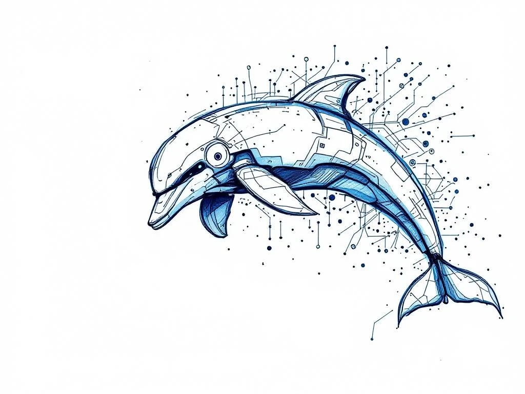 Hand-getekende abstracte robot-dolfijn in blauwe potloodstijl springt door digitale ruimte met circuit-patronen