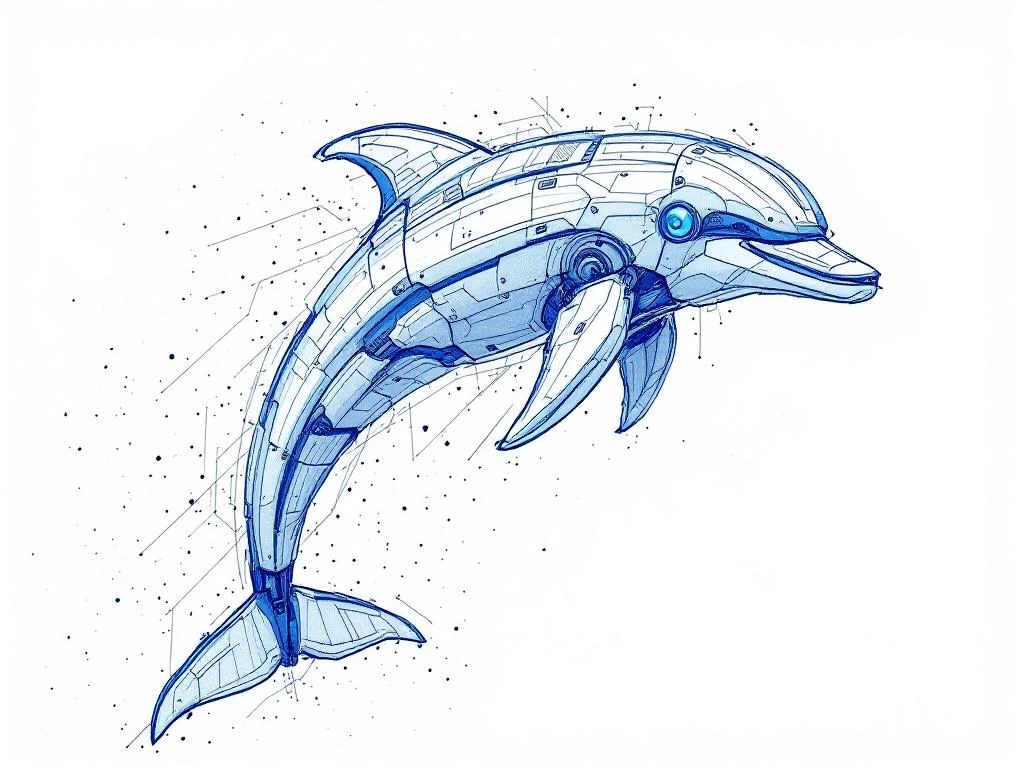 Handgetekende schets van abstracte robotdolfijn met geometrische panelen en circuitpatronen in blauwtinten