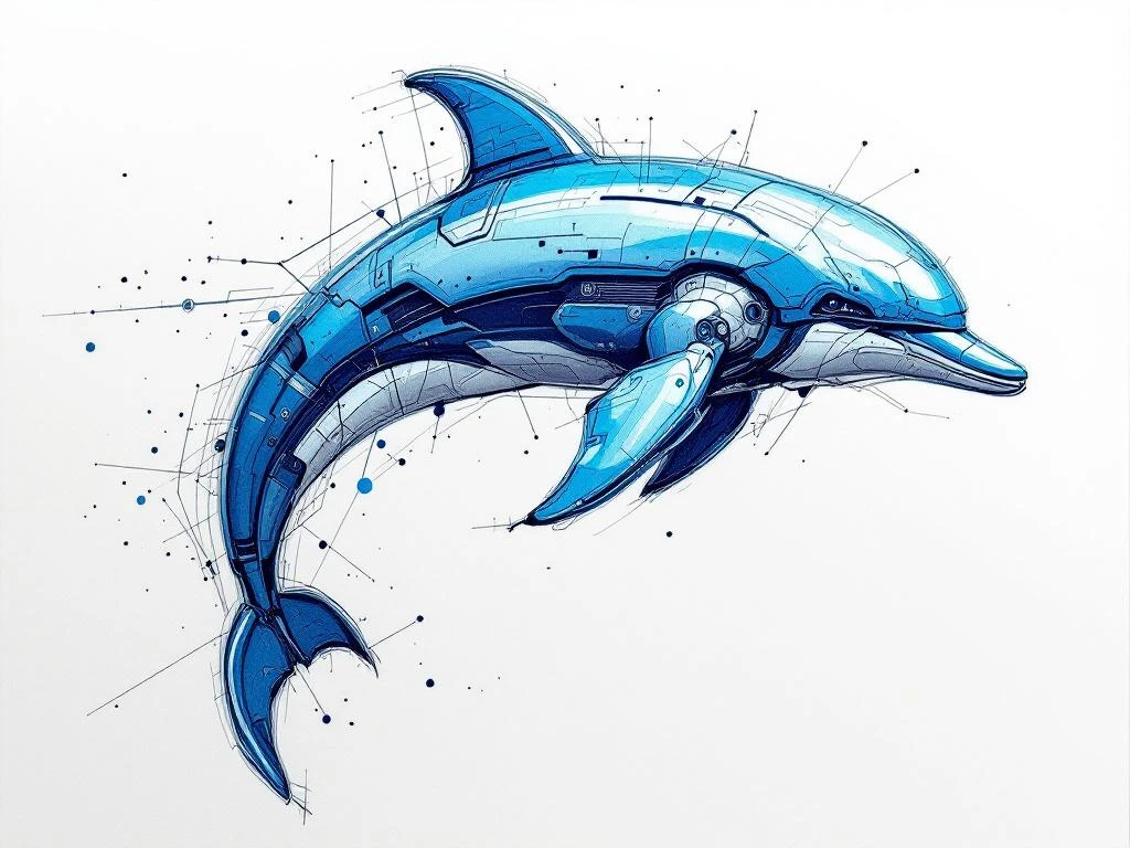 Abstracte robotdolfijn in blauw met handgetekende potloodstreken en circuitpatronen, springend in diagonale hoek.