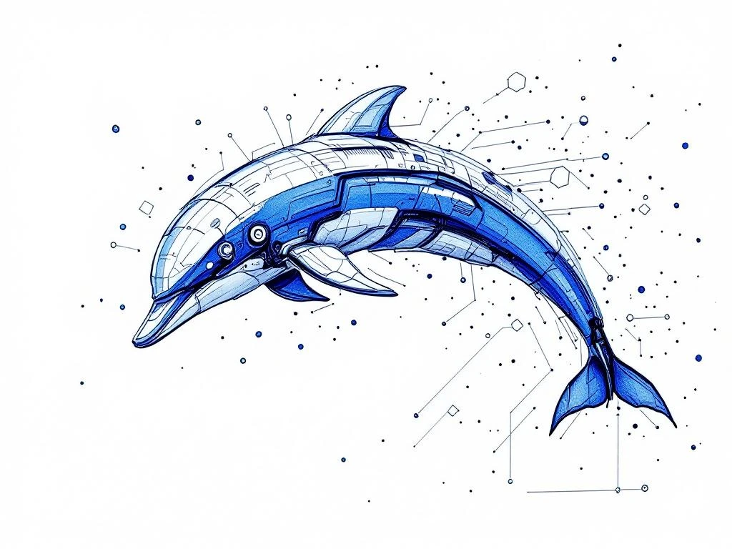 Abstracte robot-dolfijn in potloodstijl springt door digitale ruimte met geometrische datapunten en circuitpatronen