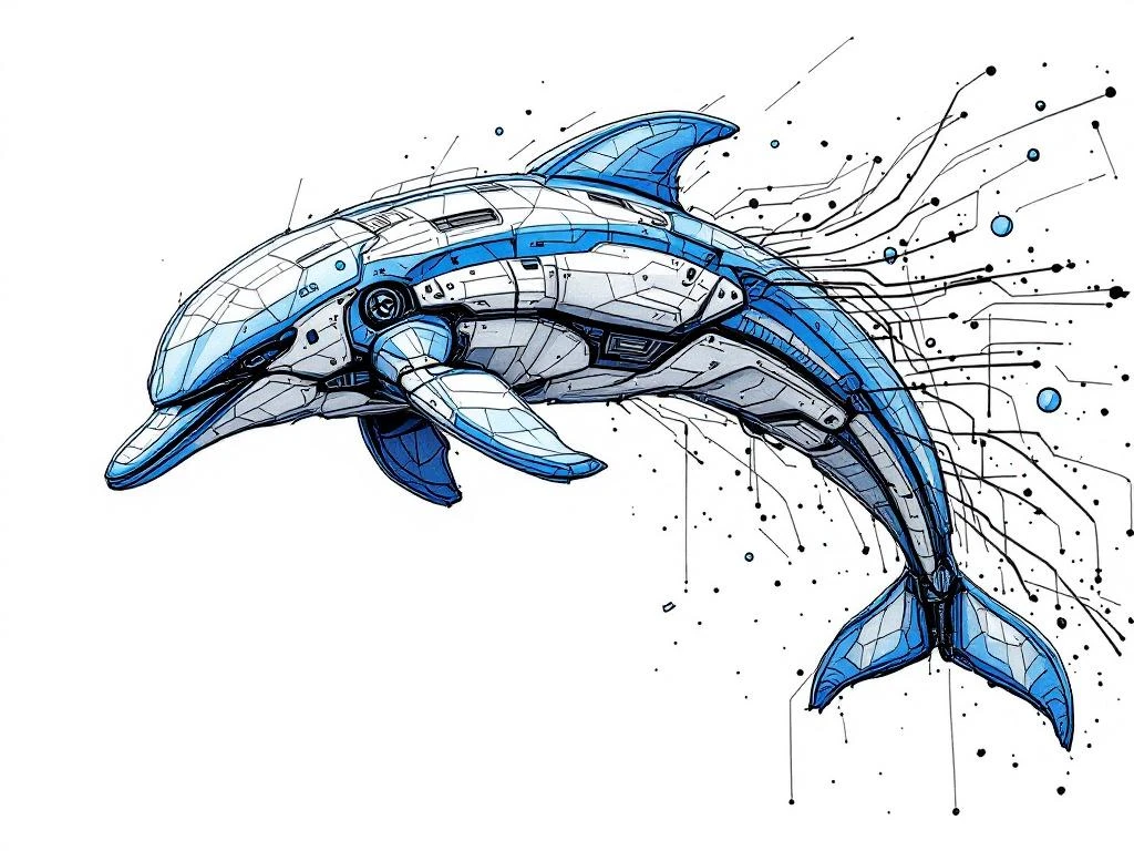 Hand-getekende abstracte robotdolfijn springt door digitale ruimte met geometrische segmenten en datastromen in blauw en wit.