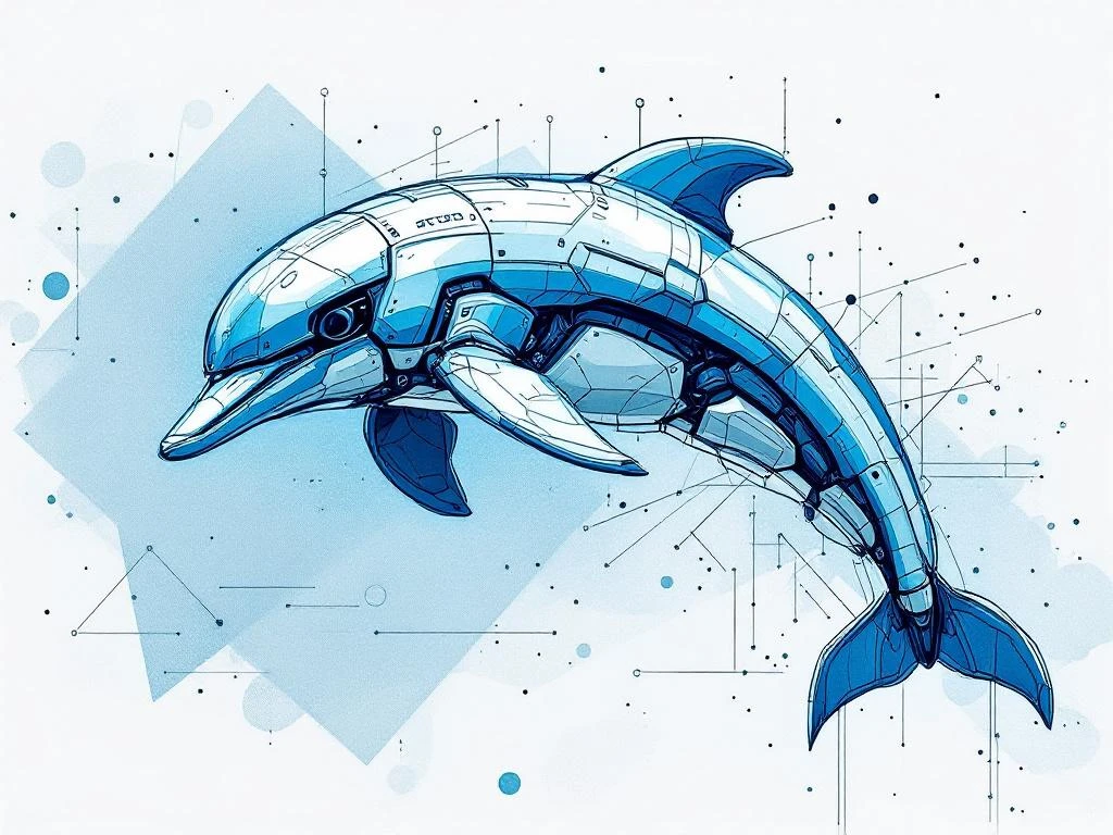 Abstracte robot-dolfijn in handgetekende schetsstijl, blauw-wit, springend met geometrische panelen en circuits