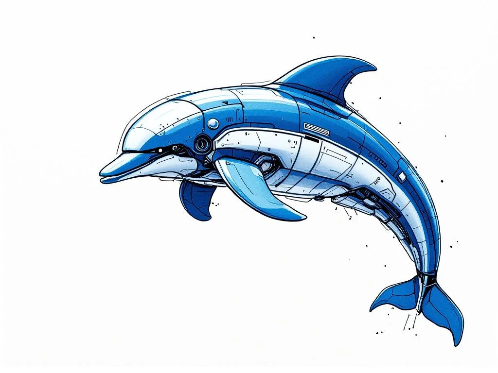 Mechanische dolfijn in blauwe hand-getekende schetsstijl springt met geometrische panelen en circuitpatronen.