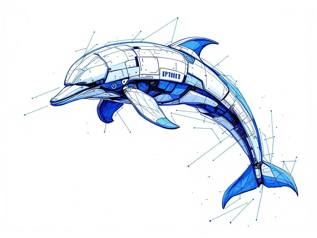 Handgetekende schets van een abstracte robotdolfijn in blauw en wit met geometrische panelen en zichtbare potloodstrepen