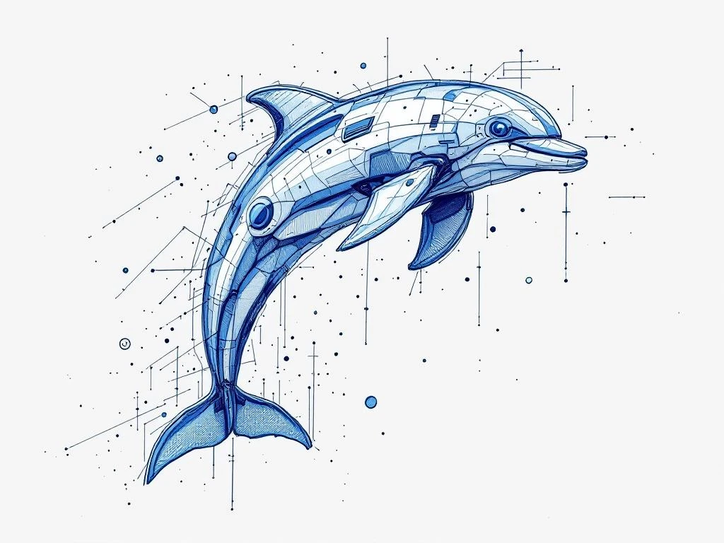 Abstracte robot-dolfijn in blauw-wit schetsontwerp met technologische datastromen en geometrische patronen