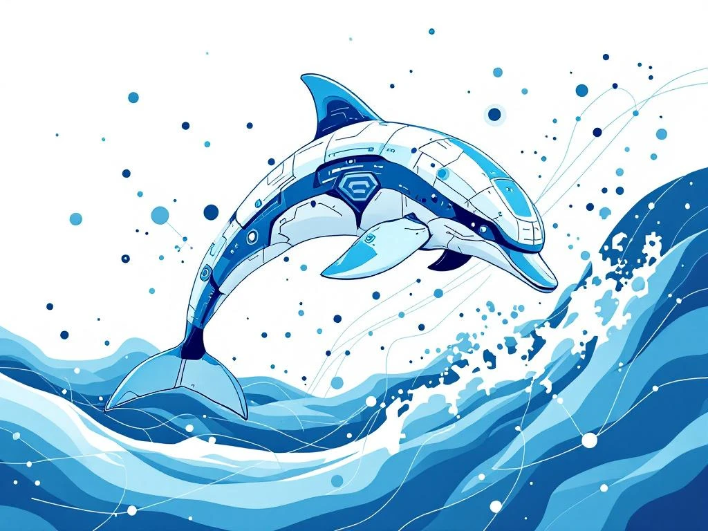 Robotachtige dolfijn springt door digitale golven met circuit patronen en data nodes in blauw en wit