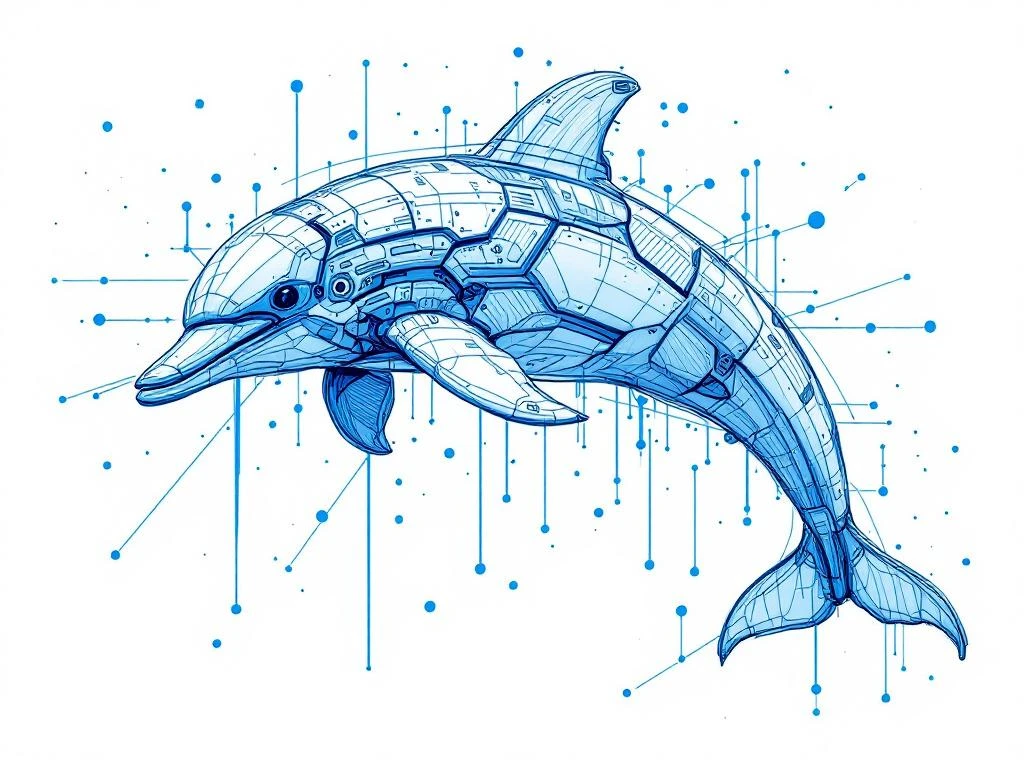Hand-getekende robotdolfijn in blauw met geometrische panelen en digitale datastromen in elegante sprong