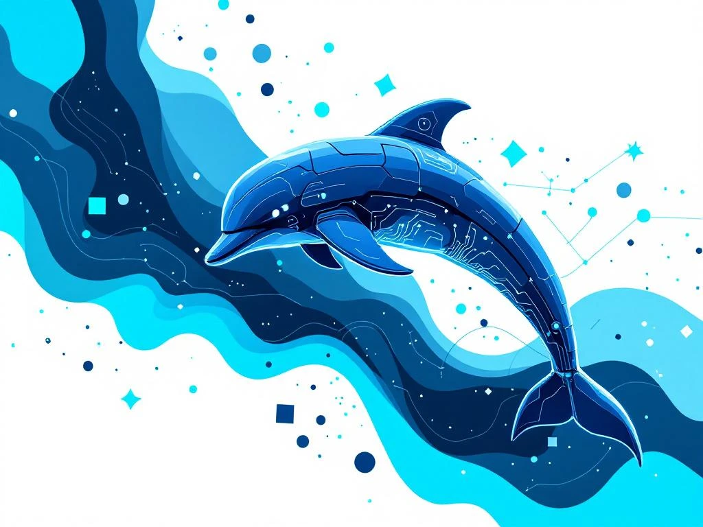Robotachtige dolfijn springt door digitale datastroom met geometrische vormen in blauwtinten en wit.
