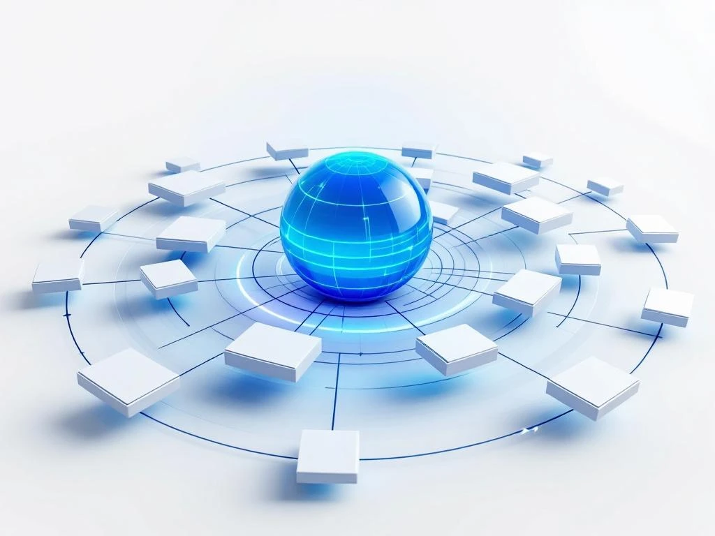 Gloeiende blauwe bol omringd door witte rechthoeken verbonden door lijnen, symboliseert gecentraliseerd vacaturenetwerk